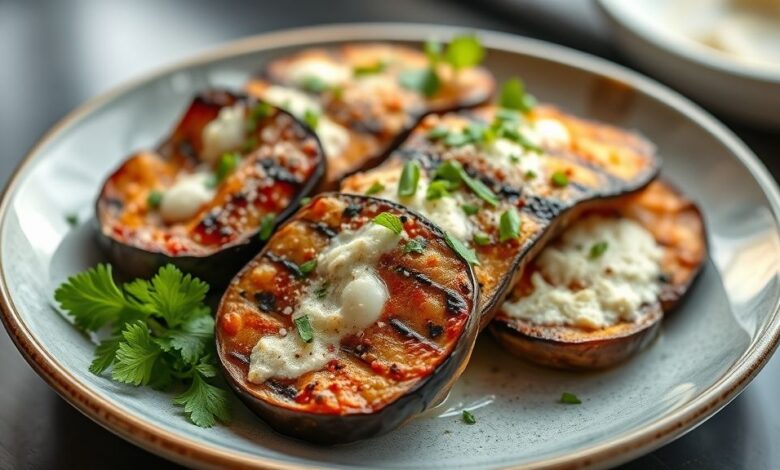 Fatias de berinjela à milanesa douradas e crocantes servidas em prato rústico com molho ao lado