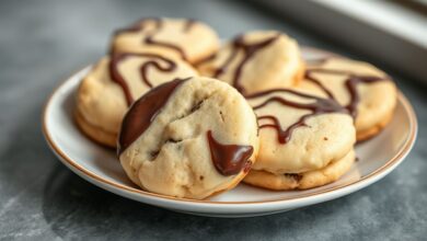 Biscoitos mesclados de baunilha e chocolate prontos, em formatos espiral e quadriculado, servidos em prato elegante