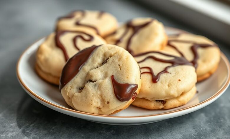 Biscoitos mesclados de baunilha e chocolate prontos, em formatos espiral e quadriculado, servidos em prato elegante