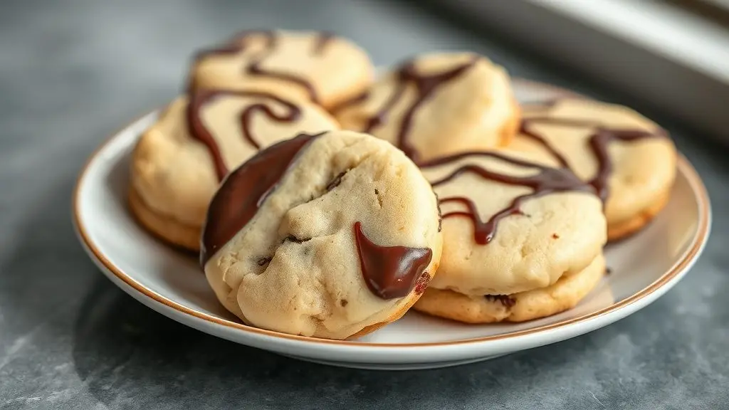 Biscoitos mesclados de baunilha e chocolate prontos, em formatos espiral e quadriculado, servidos em prato elegante