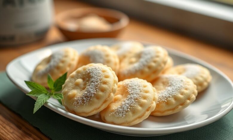 Prato com biscoitos de goma prontos, dourados e delicados, servidos em mesa posta para o café da tarde