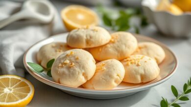 Biscoitos de limão com Maizena dourados, leves e macios, dispostos em um prato elegante prontos para servir