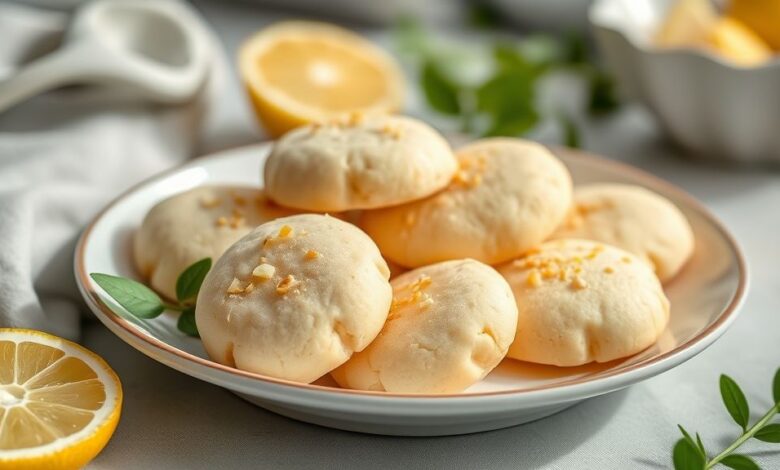 Biscoitos de limão com Maizena dourados, leves e macios, dispostos em um prato elegante prontos para servir
