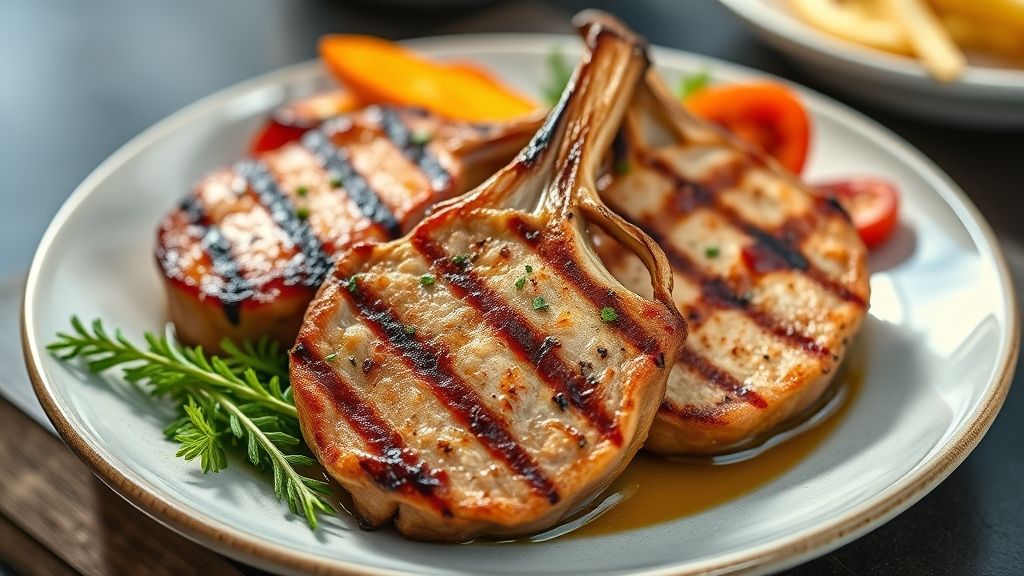 Prato de bisteca de porco grelhada, dourada por fora e suculenta por dentro, servida com ervas frescas em apresentação apetitosa