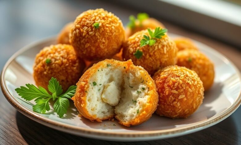 Bolinhas de queijo douradas e crocantes, servidas em uma tigela, com recheio derretido e visual apetitoso.