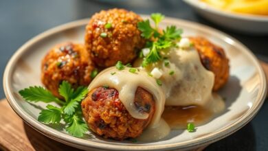 Prato com bolinhos de carne moída de feira dourados, crocantes, servidos com molho de acompanhamento.