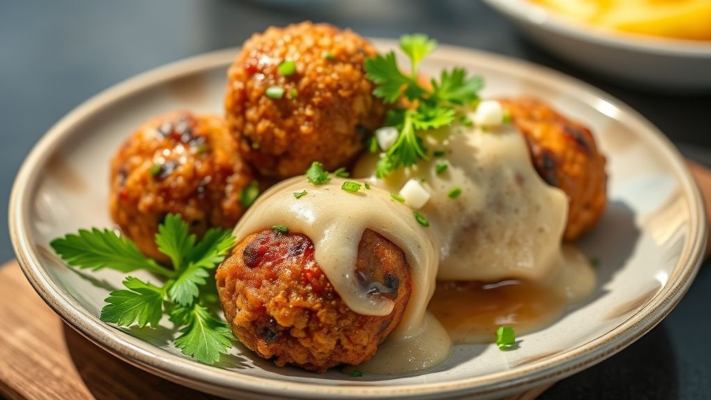 Bolinho de carne moída de feira pronto, dourado e crocante por fora, sequinho e apetitoso servido em prato com molho.