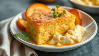 Bolo cremoso de milharina dourado, cortado em fatias, úmido por dentro e servido em prato branco elegante