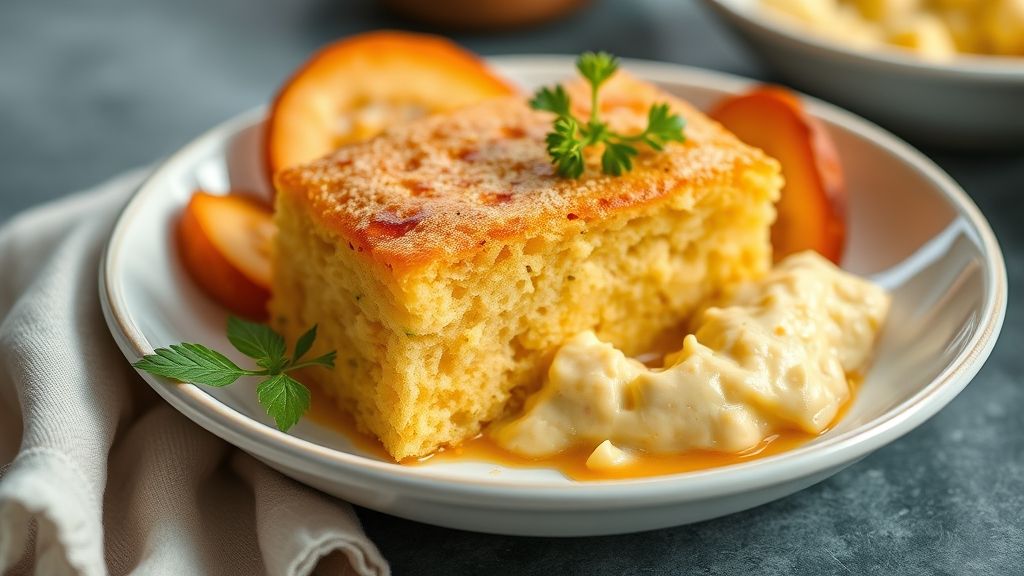 Bolo cremoso de milharina assado, dourado e macio, servido em fatias com aspecto úmido e apetitoso