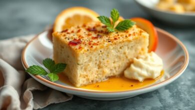 Bolo de aipim cremoso dourado, cortado em fatias, servido em prato simples e apetitoso