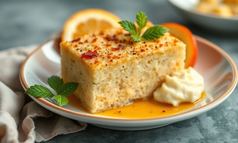 Bolo de aipim cremoso dourado, cortado em fatias, servido em prato simples e apetitoso
