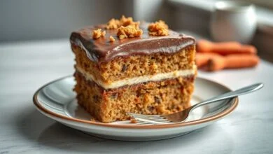 Um bolo de cenoura fofinho com cobertura cremosa de chocolate servido em fatias