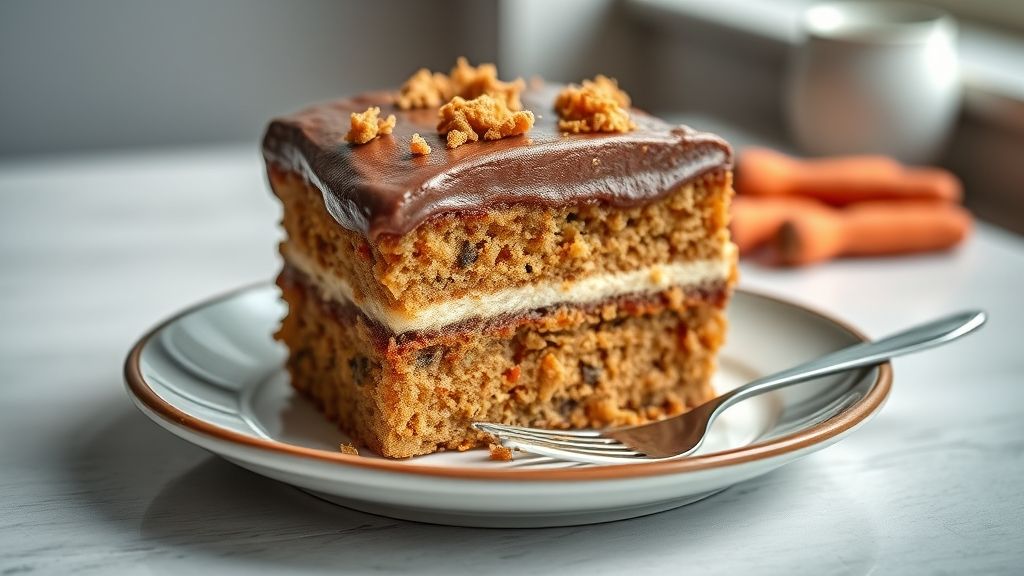 Bolo de cenoura fofinho com cobertura cremosa de chocolate servido em prato decorado