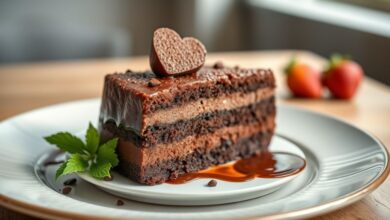 Um bolo de chocolate trufado finalizado, coberto com creme brilhante e fatia convidativa à mostra