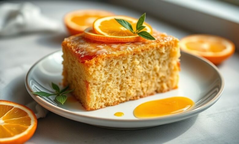 Bolo de fubá com laranja dourado e fofinho, polvilhado com açúcar de confeiteiro, servido em mesa aconchegante