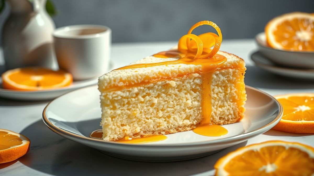 Bolo de laranja fofinho decorado com calda brilhante, macio e úmido, pronto para servir com café da tarde