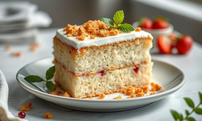 Bolo fofinho e dourado, servido em fatias macias em um prato elegante, pronto para ser degustado