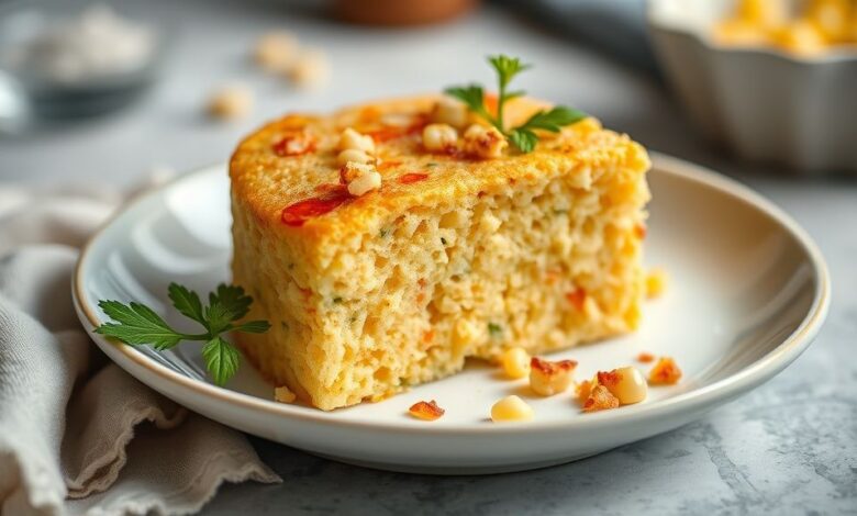 Bolo de milho cremoso pronto, dourado, macio e servido inteiro em prato rústico, com atmosfera caseira e convidativa.