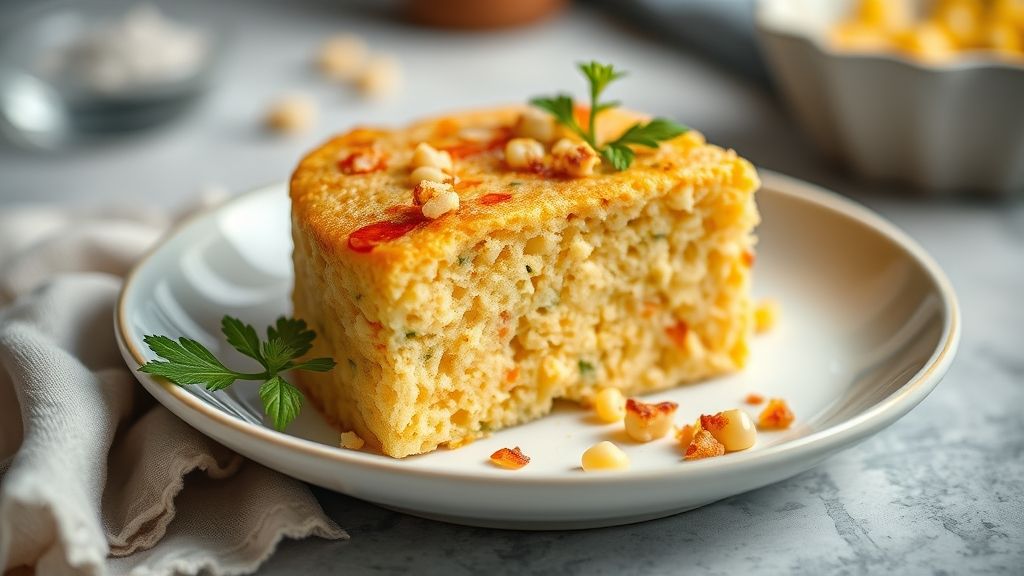 Bolo de milho cremoso de liquidificador pronto, dourado, fofinho e servido em fatias sobre prato branco.