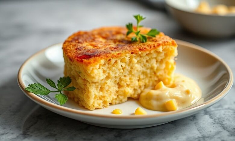 Bolo de milho cremoso caseiro assado, dourado, servido em fatias macias e apetitosas, em prato simples e elegante.