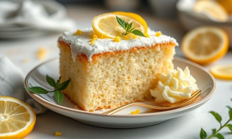 Bolo dourado e macio de limão, coberto com glacê leve e servido de forma apetitosa em prato elegante.