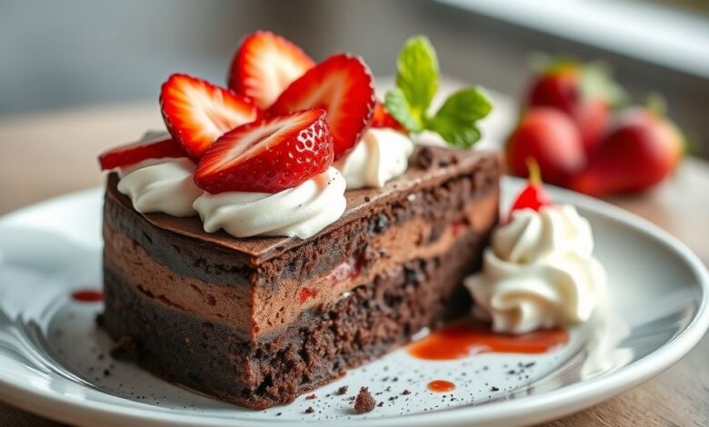 Bolo gelado de chocolate com camadas úmidas, recheio de morangos frescos e chantilly, finalizado com frutas e raspas de chocolate.