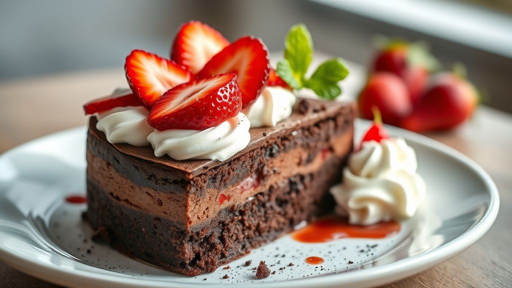 Bolo gelado de chocolate com morangos e chantilly decorado com frutas frescas e raspas de chocolate
