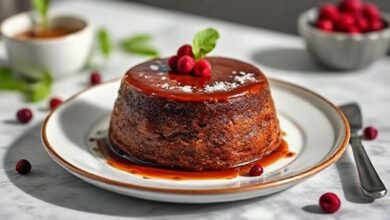O bolo pudim de chocolate pronto, com camadas visíveis de pudim e bolo, coberto por calda dourada brilhante em um prato elegante