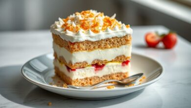 Sobremesa em camadas de bolo esfarelado, creme branco de coco e ganache de chocolate brilhante, decorada com coco ralado.