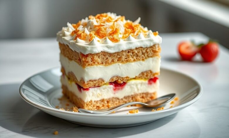 Sobremesa em camadas de bolo esfarelado, creme branco de coco e ganache de chocolate brilhante, decorada com coco ralado.