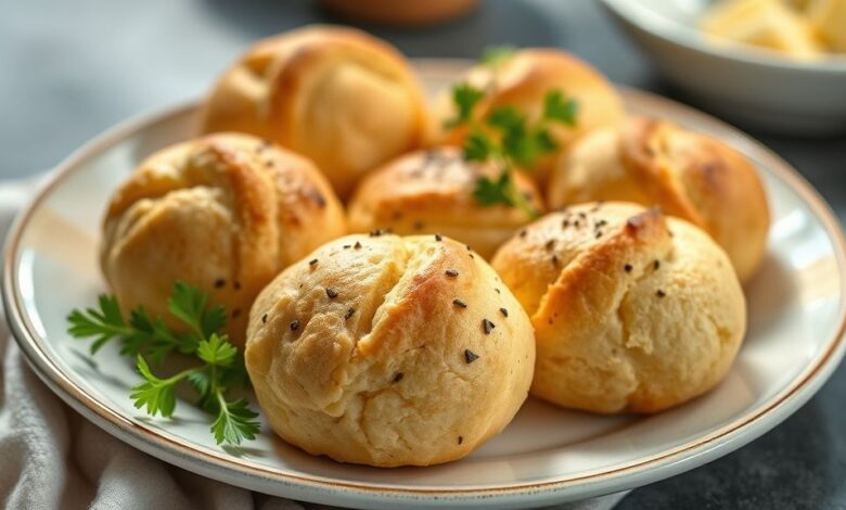 Broas fit de fubá sem glúten, douradas e crocantes por fora, servidas em cesto rústico com pano de linho