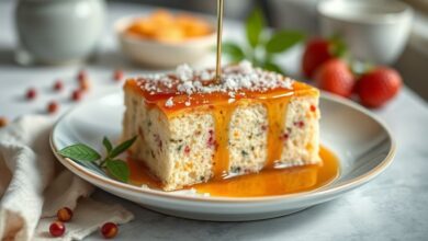 Calda de açúcar para bolo apresentada em taça de vidro, com textura leve e brilhante, perfeita para regar bolos.