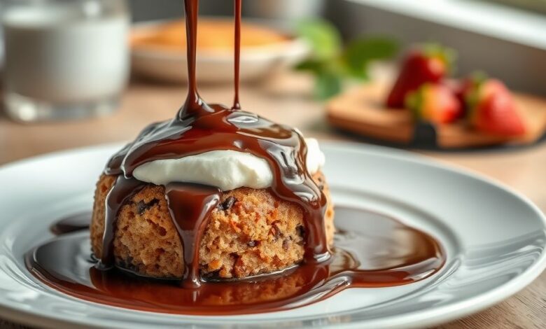 Bolo caseiro coberto com calda de chocolate brilhante e cremosa, servido de forma apetitosa.