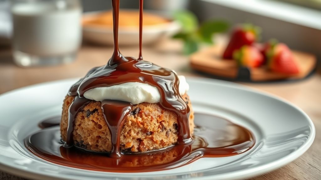 Calda de chocolate para molhar bolo, cremosa e brilhante, servida sobre um bolo caseiro fofinho.