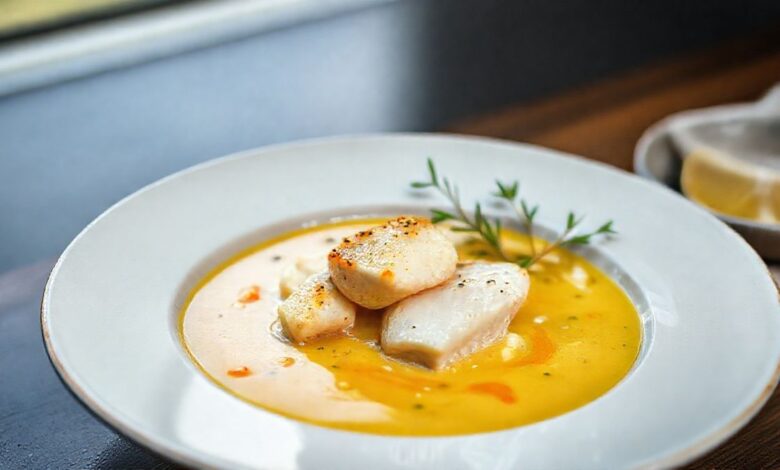 Tigela de caldinho de bacalhau cremoso, bem servido e finalizado com cheiro-verde fresco