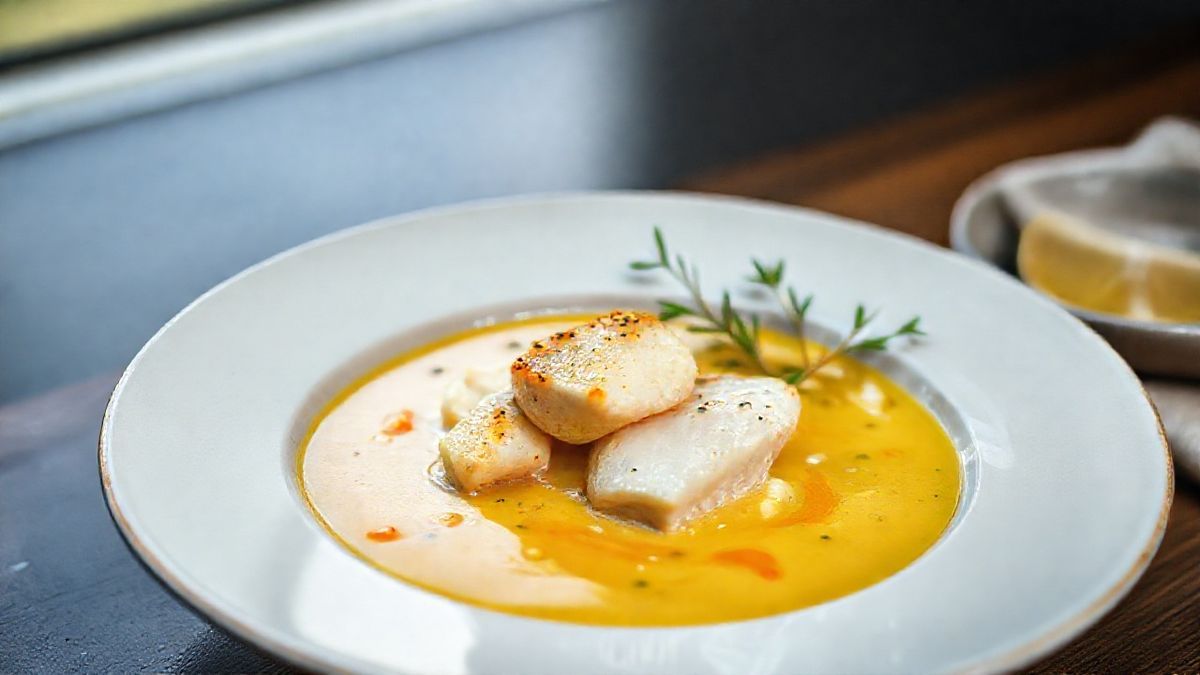 Tigela de caldinho de bacalhau cremoso, bem servido e finalizado com cheiro-verde fresco