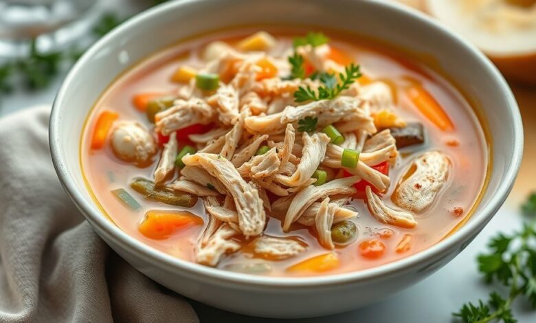 Tigela fumegante de caldo de legumes com frango desfiado, bem servido e decorado com cheiro-verde fresco.