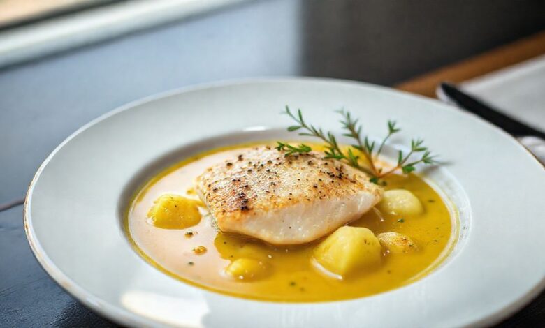 Receita pronta de caldo de peixe com batata servido em tigela fumegante, cremoso e apetitoso