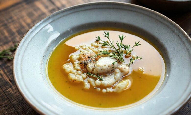 Tigela funda com caldo de peixe caseiro para risoto, dourado claro, decorado com ervas frescas, em ambiente iluminado e aconchegante.