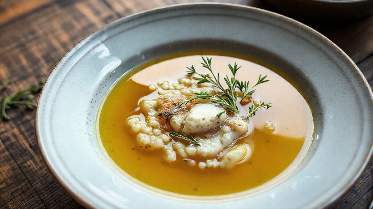 Tigela funda com caldo de peixe caseiro para risoto, dourado claro, decorado com ervas frescas, em ambiente iluminado e aconchegante.