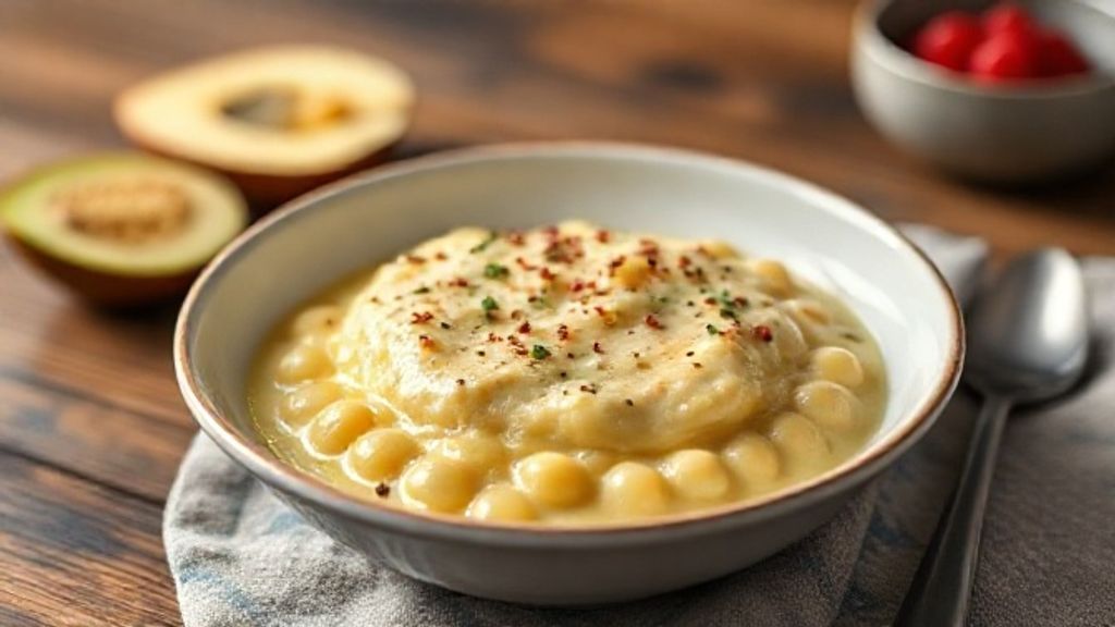 Canjica cremosa servida em tigela rústica, polvilhada com canela em pó, sobremesa junina tradicional e saborosa