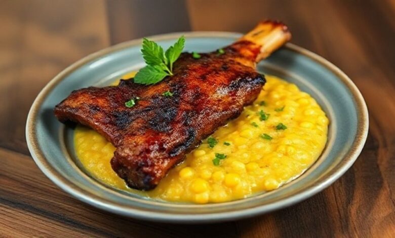 Prato fundo com canjiquinha cremosa e costelinha suína dourada, finalizado com cheiro-verde, típico da culinária mineira.