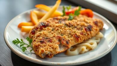 Prato de carne de porco à milanesa crocante, dourada e servida com elegância, destacando a textura e o apetite visual.