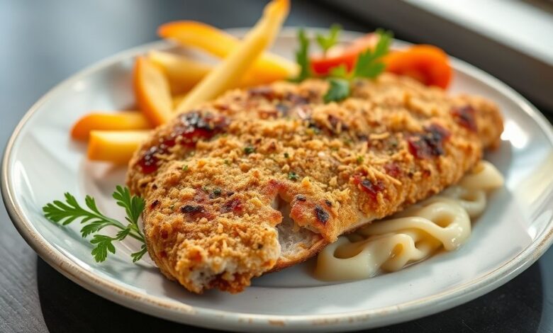 Prato de carne de porco à milanesa crocante, dourada e servida com elegância, destacando a textura e o apetite visual.
