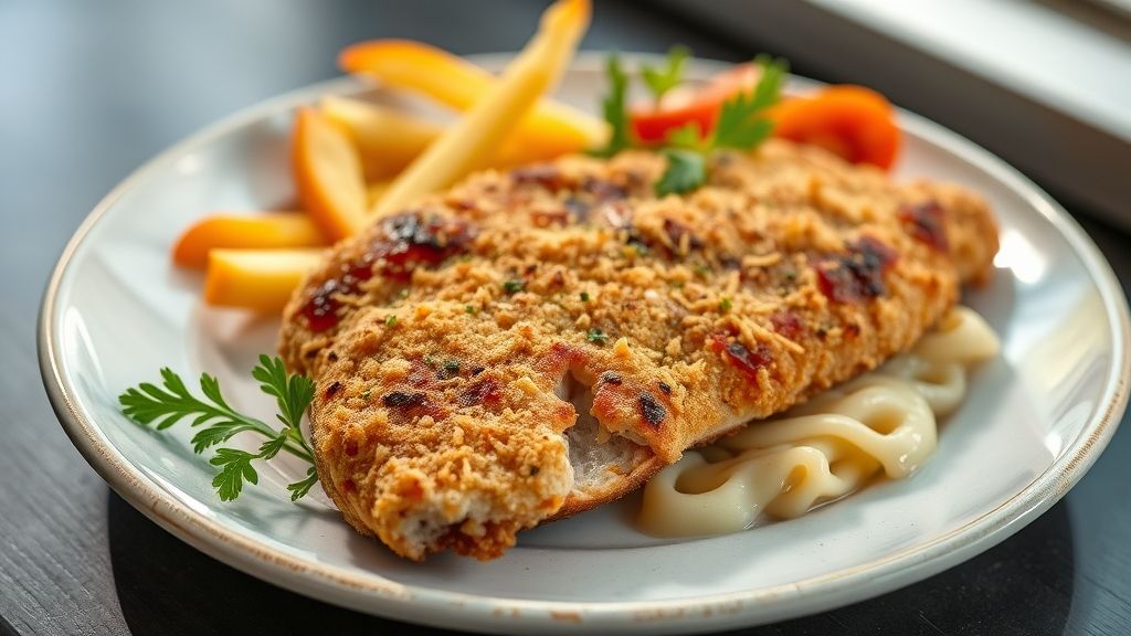 Carne de porco à milanesa crocante, dourada e suculenta servida em prato elegante