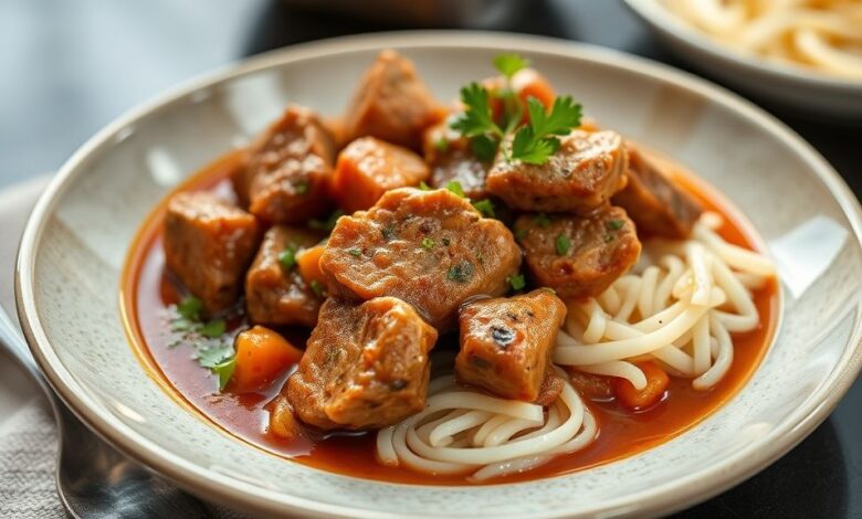 Carne de porco ao molho servida em prato fundo, com molho encorpado e finalizada com cheiro-verde fresco