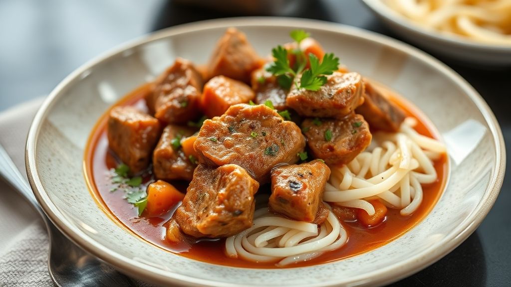Carne de porco ao molho macia e suculenta servida em tigela rústica com molho encorpado e cheiro-verde fresco por cima