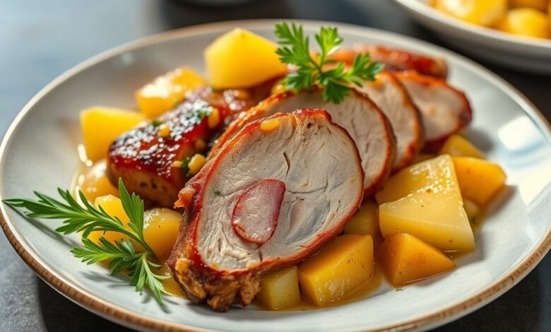 Carne de porco assada, fatiada e servida com molho de abacaxi e cebola caramelizada, pronta para servir à mesa.