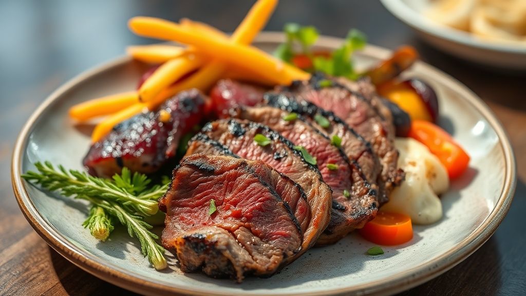 Carne de segunda para churrasco assada na brasa, suculenta e bem servida em tábua rústica com temperos frescos.