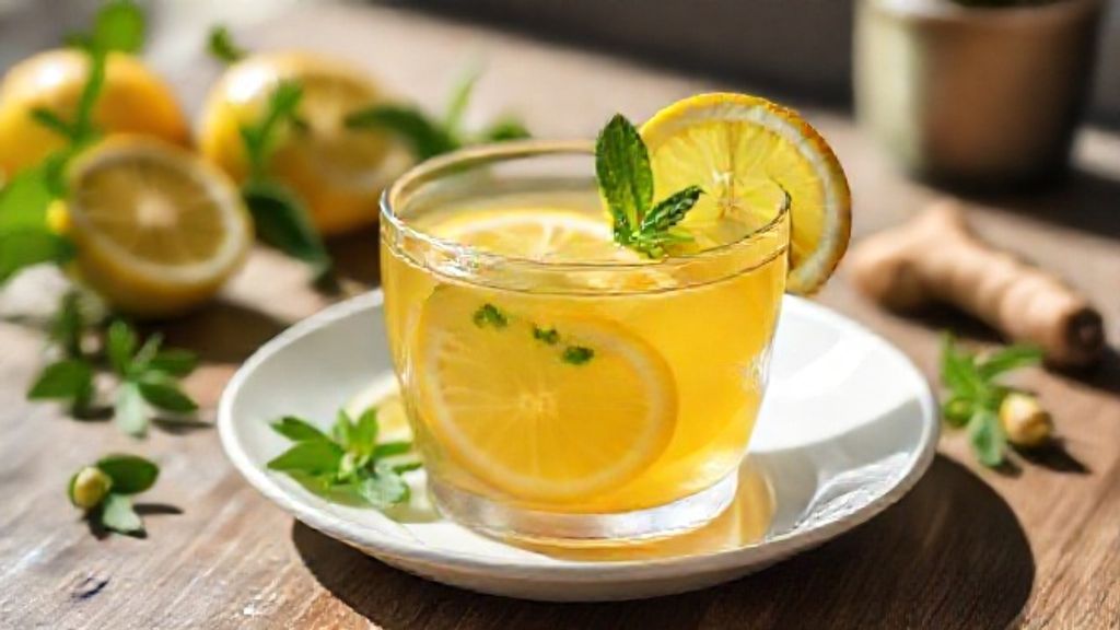 Copo de chá detox caseiro servido com limão e hortelã, fresco e convidativo